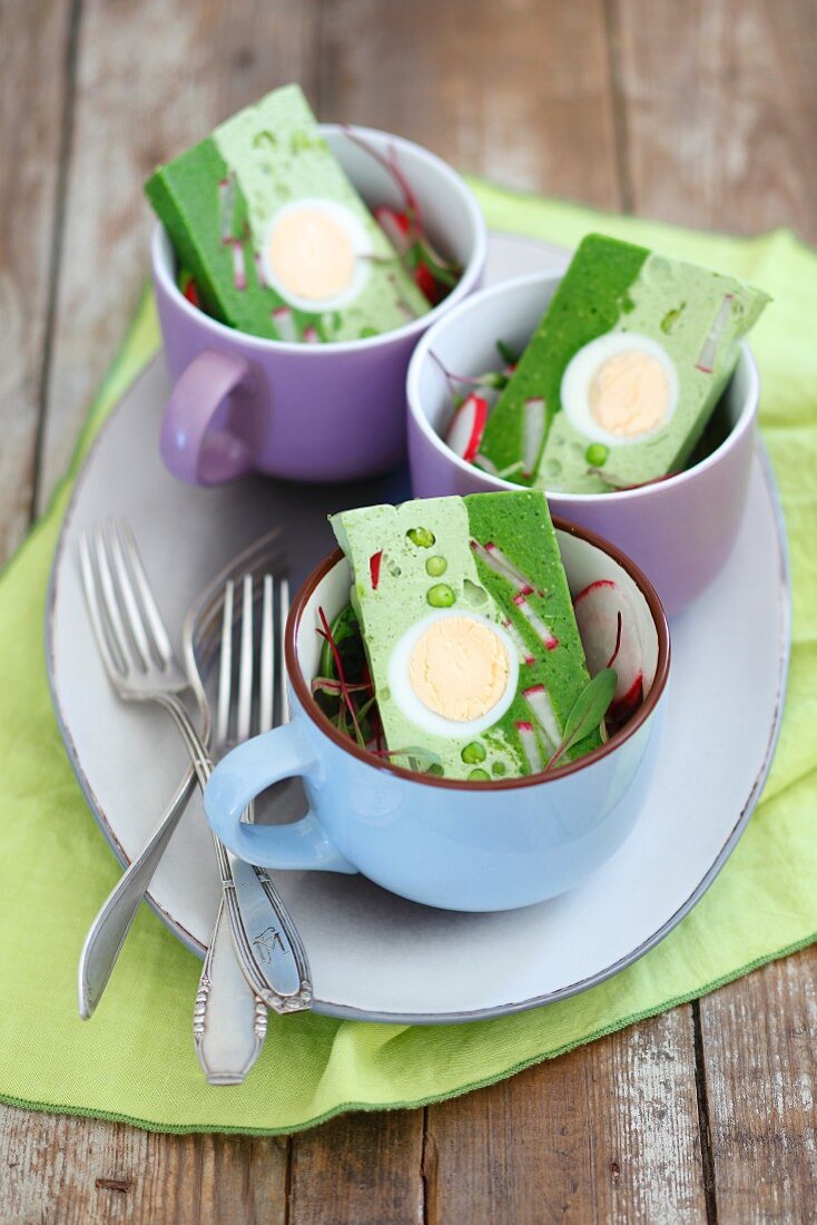 Spinach & pea terrine with eggs and radishes