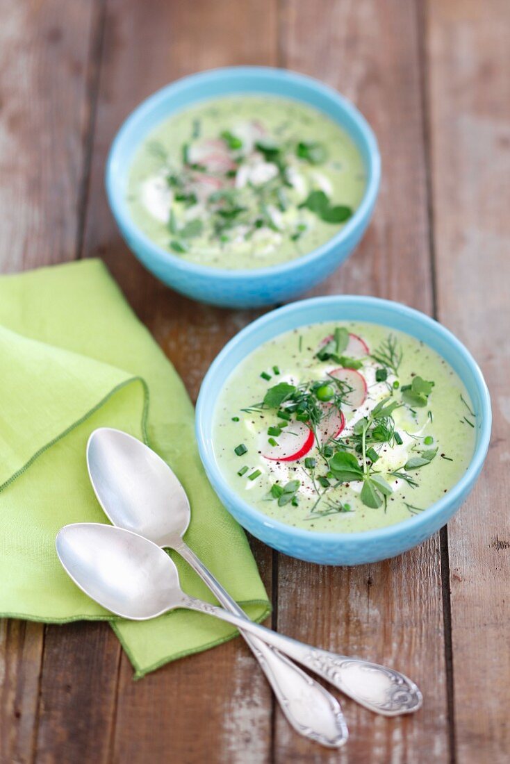 Creamy green pea soup with radishes and herbs