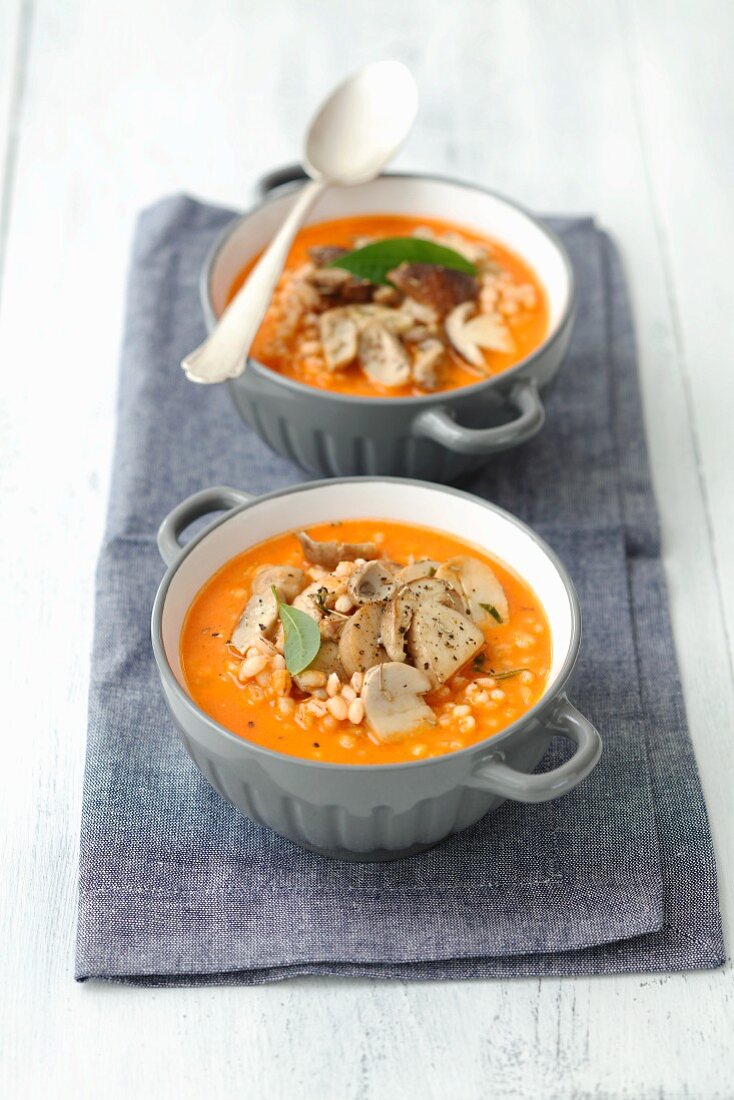 Tomato soup with barley and mushrooms