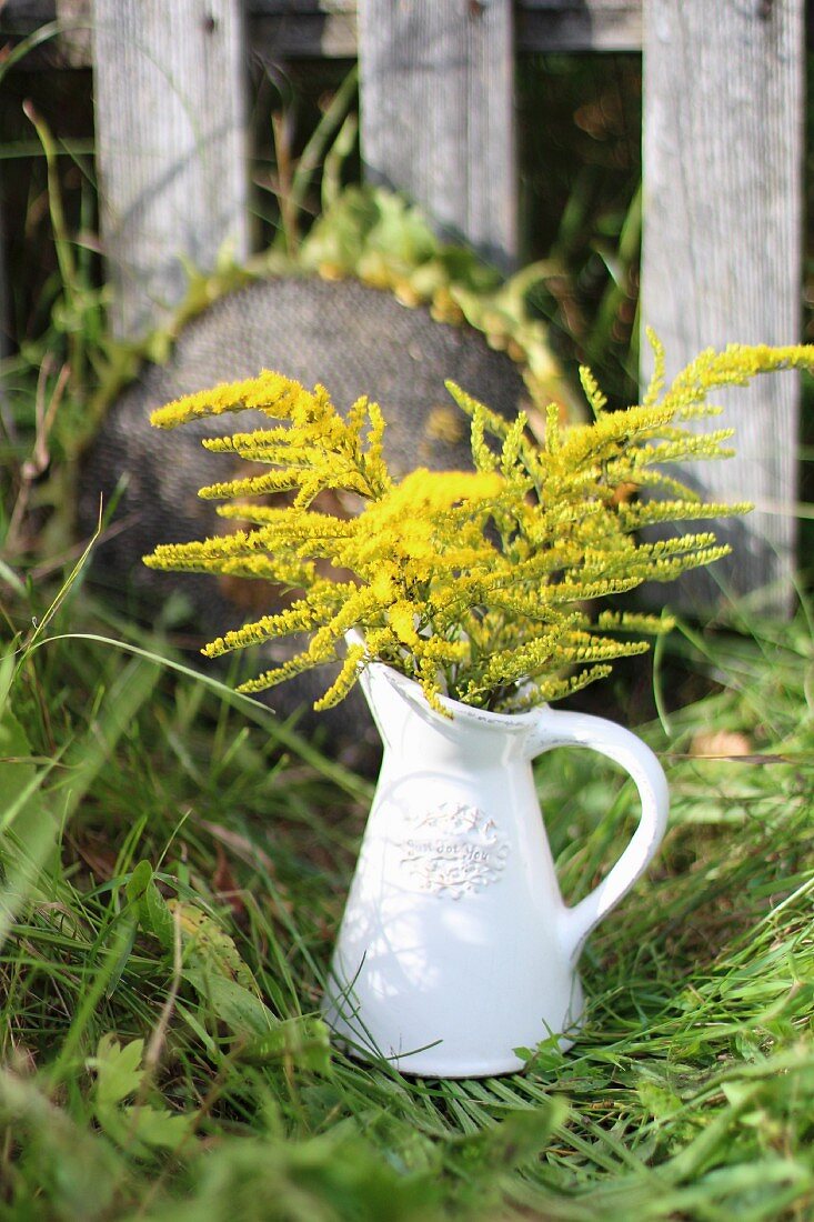 Flowers in ceramic jug in meadow