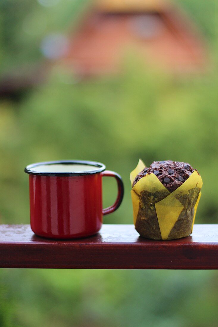 Tea and a muffin in a garden