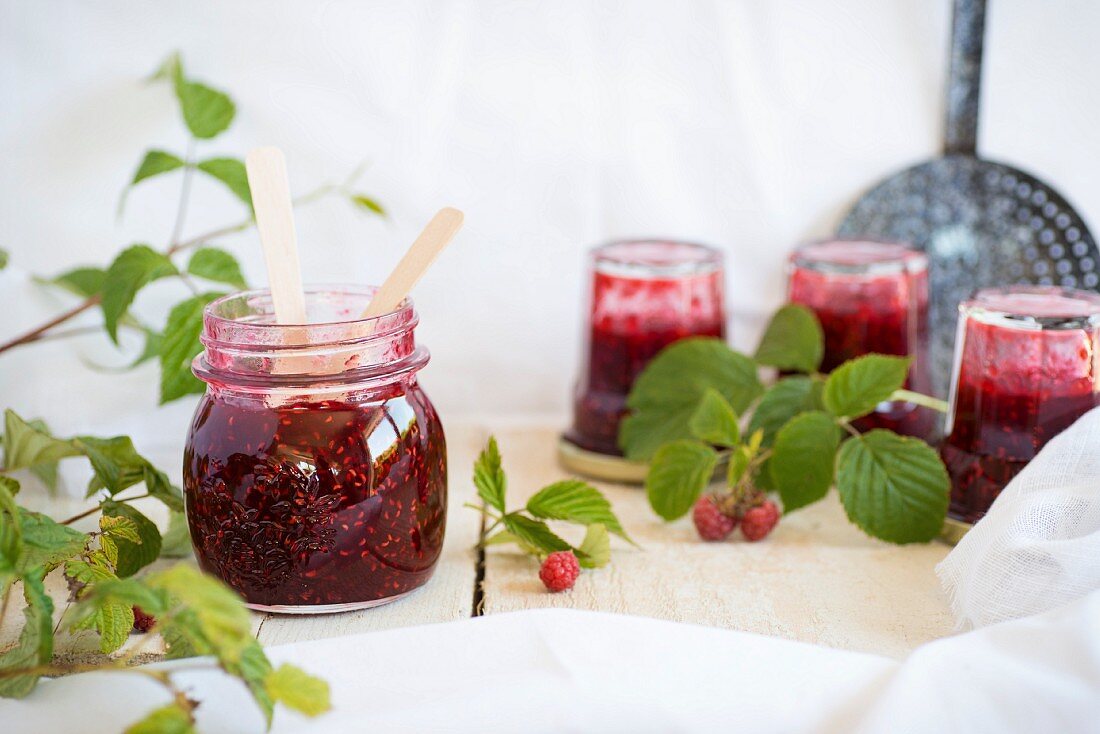 Jars of raspberry jam