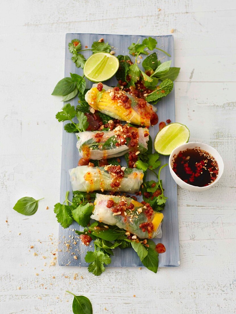 Asian rice paper rolls with duck, mango and herbs