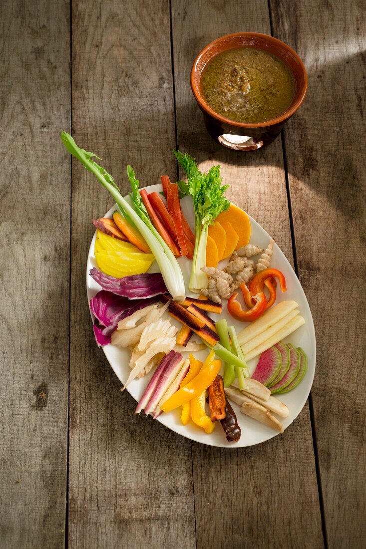 Cardoon and other vegetables with almond bagna càuda dip