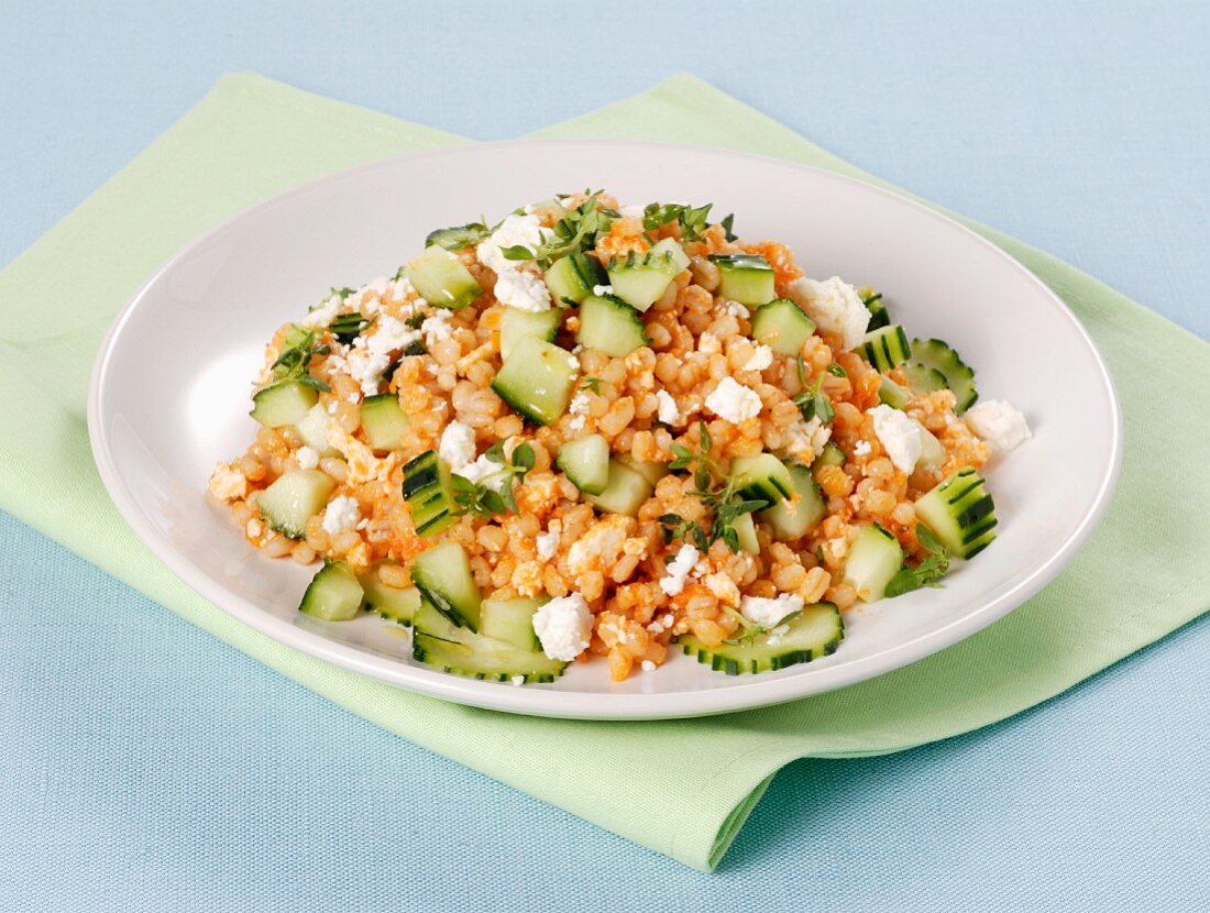 Pearl barley with tomato pesto and cucumber