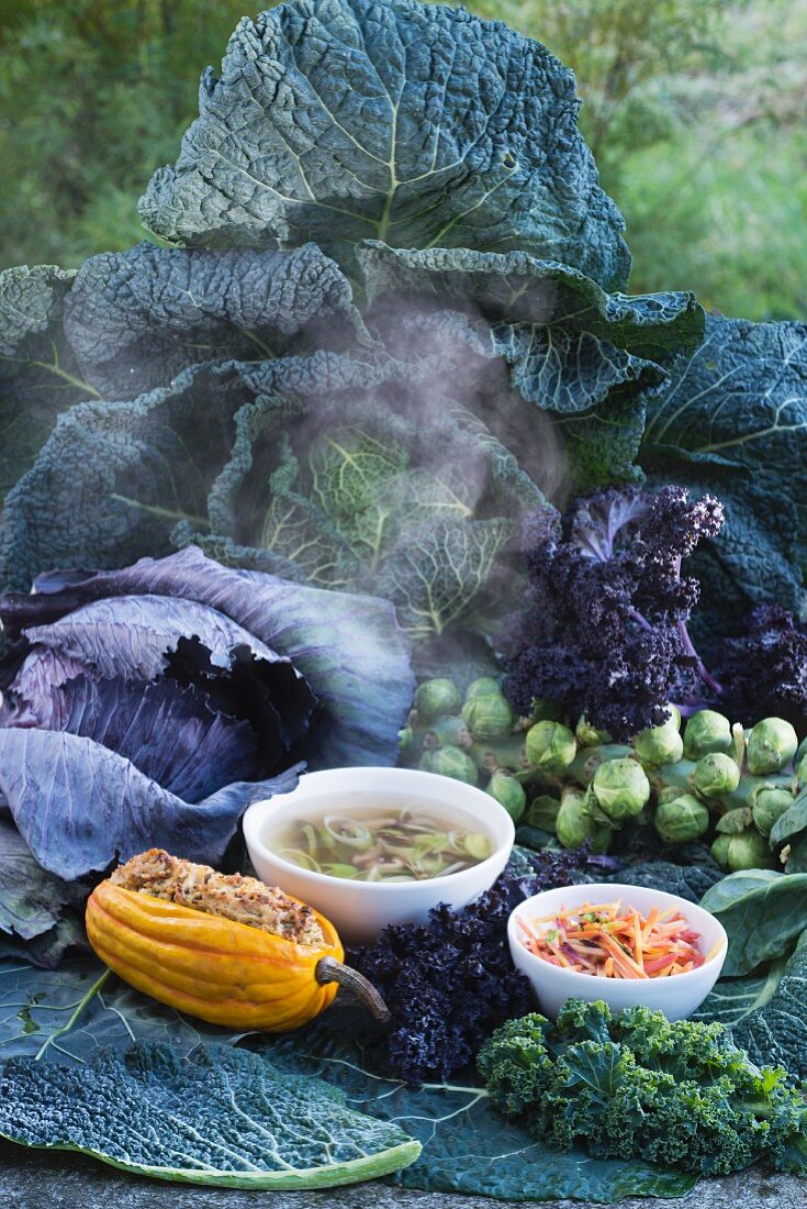 Verschiedene Kohlsorten und Wintergerichte: gefüllter Kürbis, Suppe mit Lauch und Pilzen, bunter Karottensalat