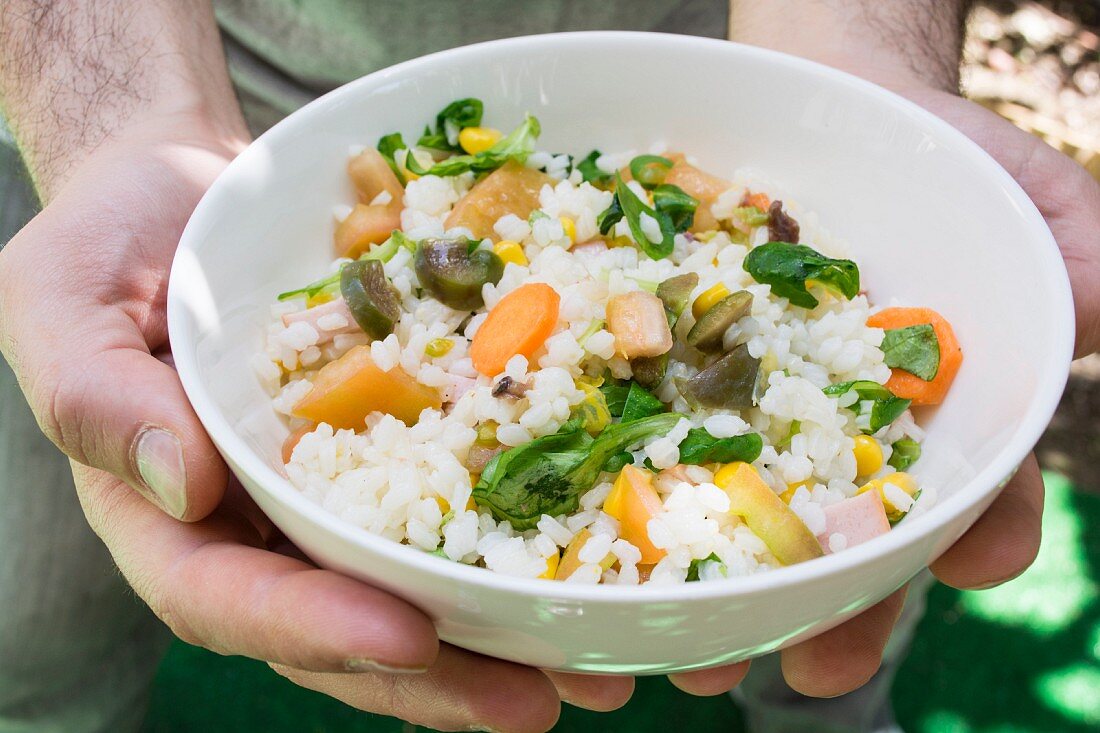 Hände halten eine Schale Reissalat mit Tomaten, Basilikum, Olivenöl, Oliven, Mais und Karotten