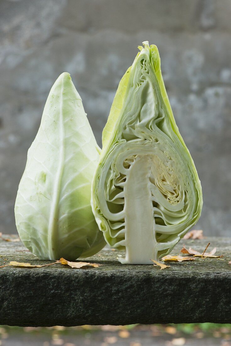 A pointed cabbage sliced in half