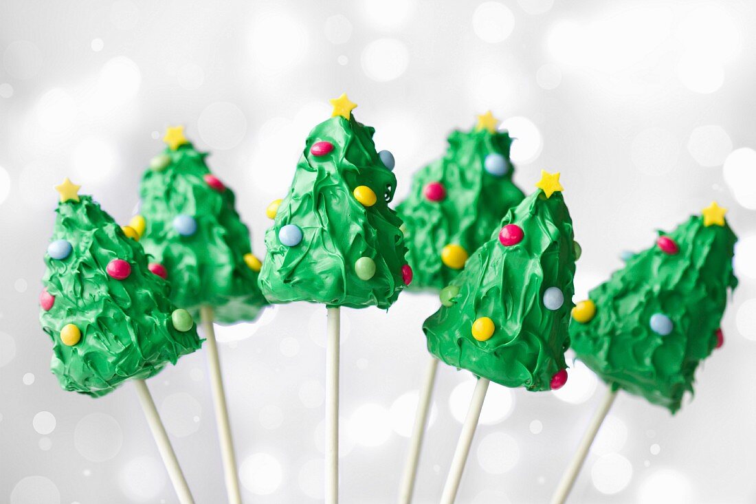 Christmas tree cake pops against white