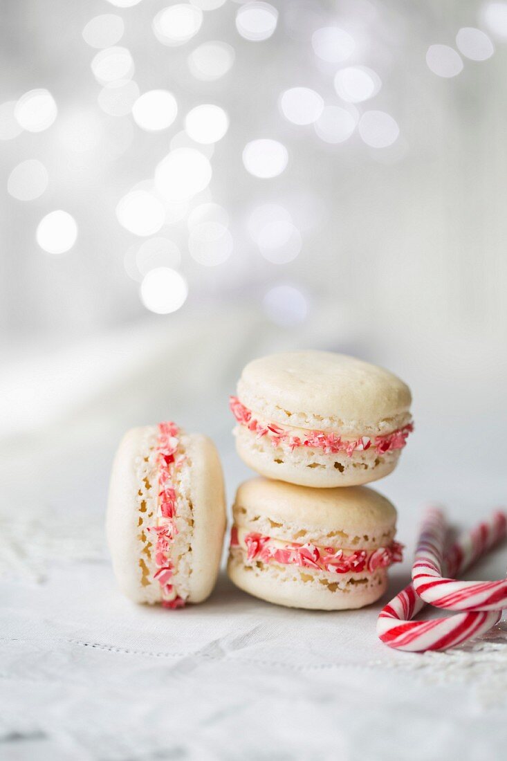 Christmas macarons with a crushed candy cane filling