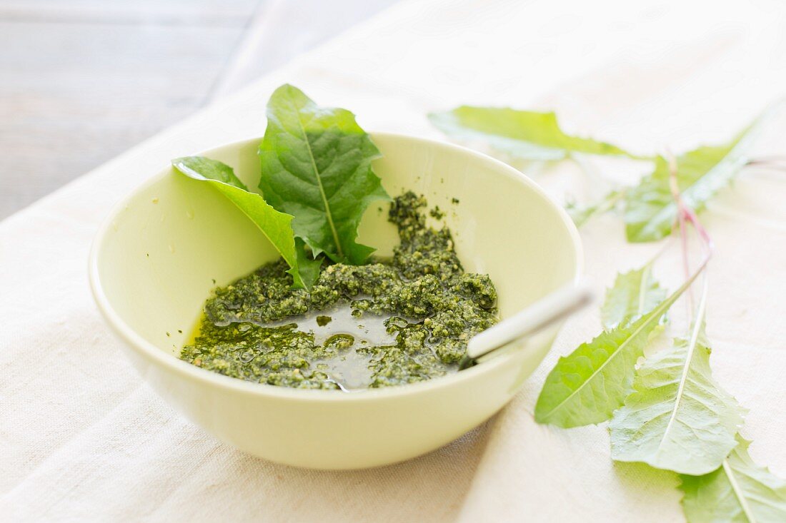 Home-made dandelion pesto in a bowl with fresh dandelion leaves