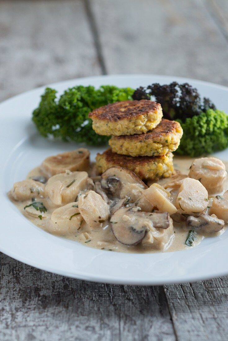Black salsify and mushrooms in white wine sauce with millet seed burgers