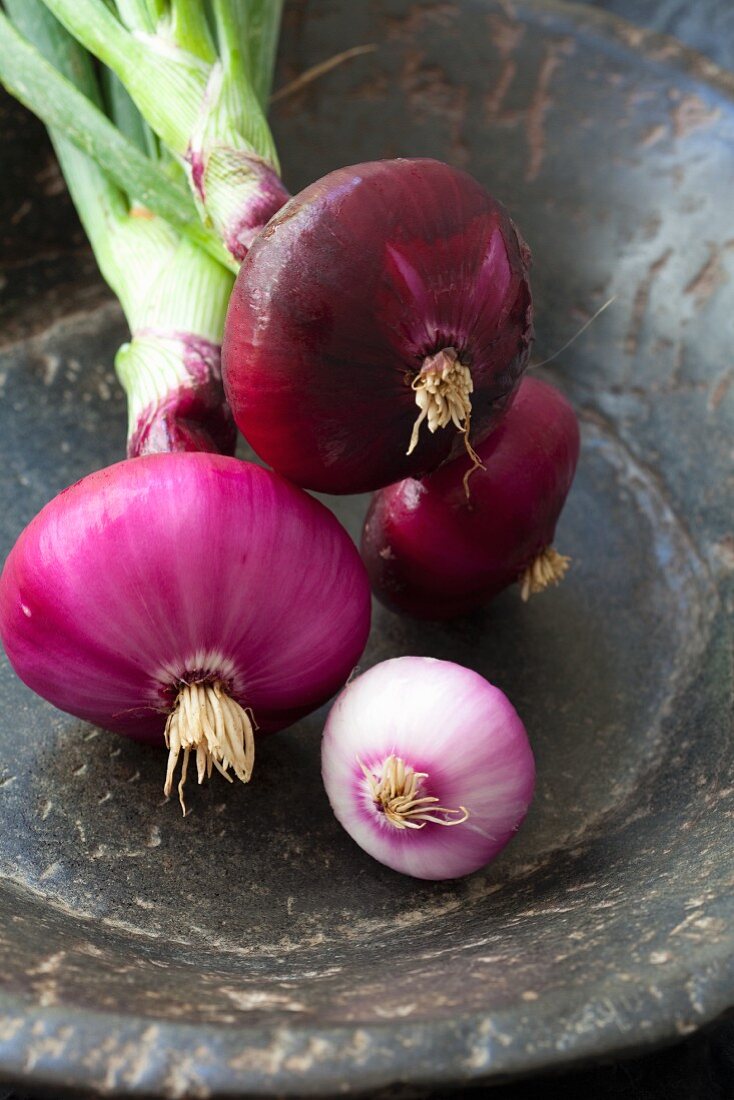 Fresh red onions in a stone dish