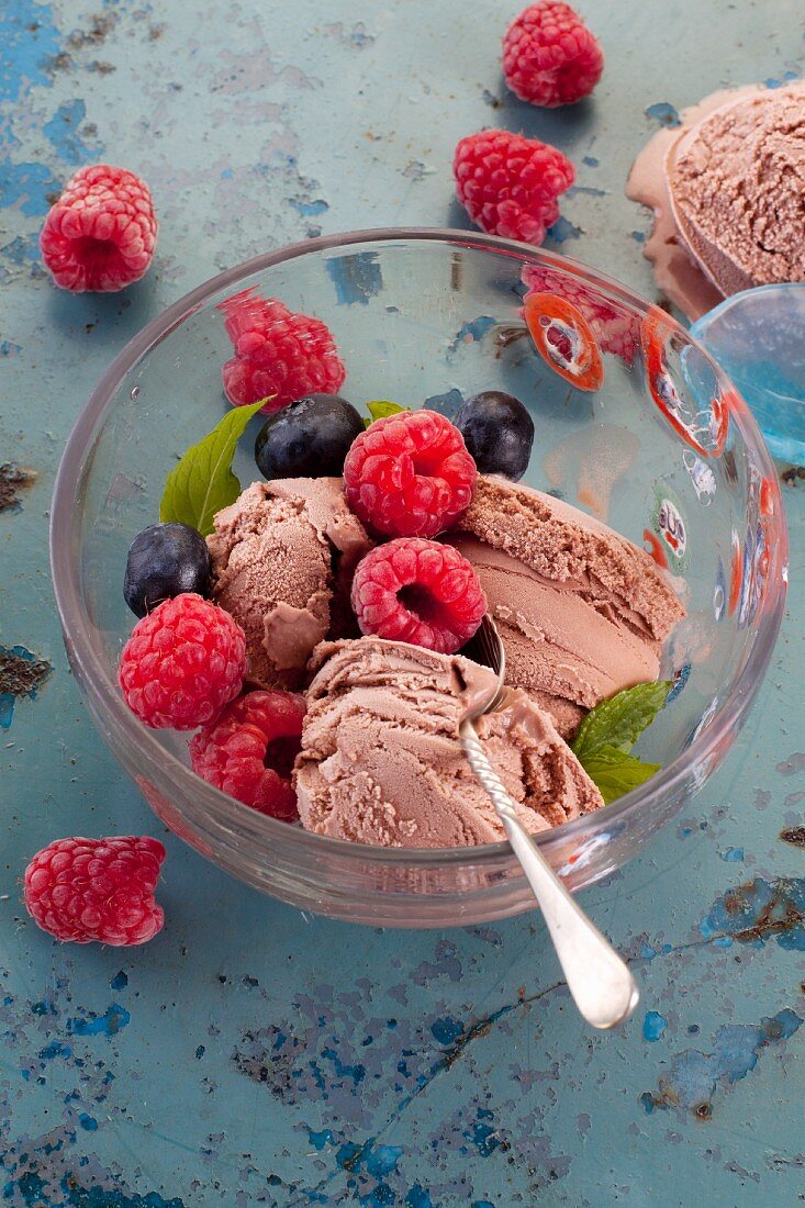 Chocolate ice cream with fresh berries