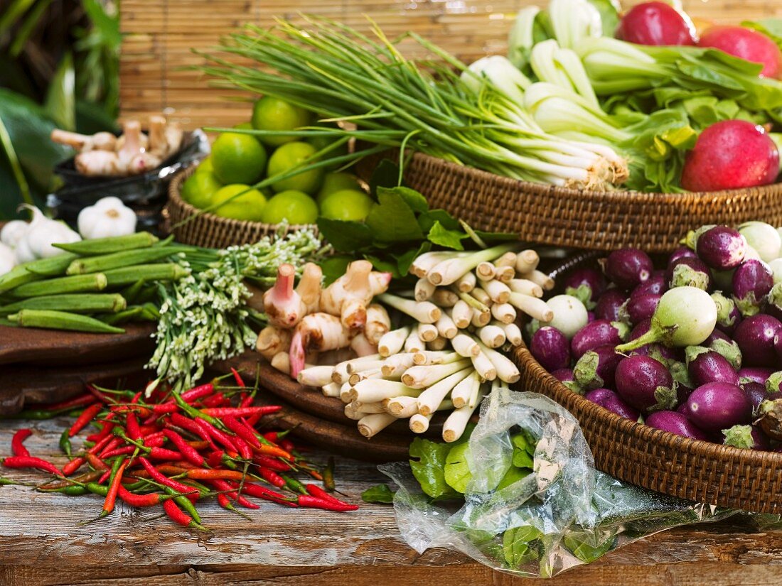 An arrangement of vegetables, spices and fruits from Asia