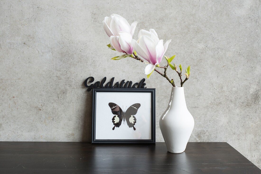 Magnolia flowers in white vase in front of picture of butterfly leaning against concrete wall