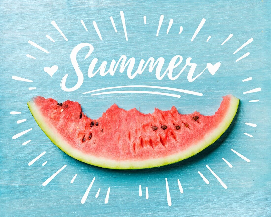 Slice of watermelon on turquoise blue background, white lettering