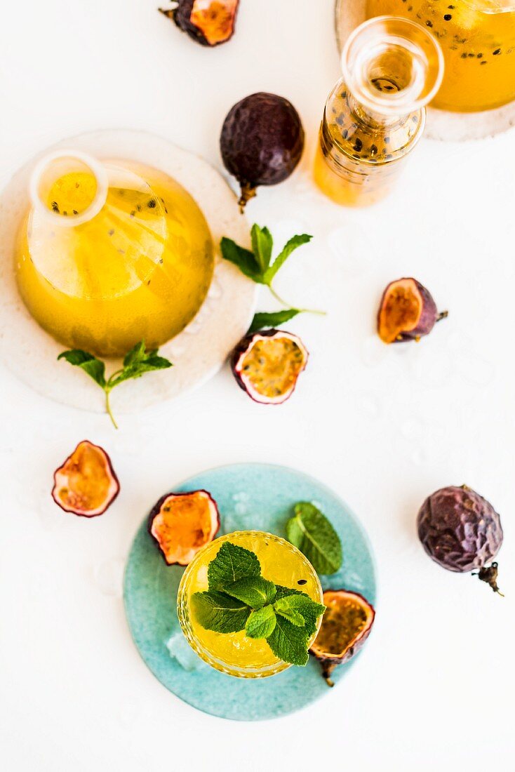 Passionfruit cocktail with mint (seen from above)