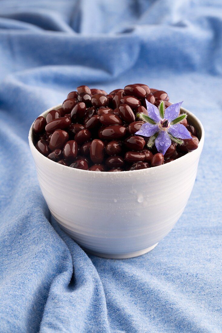 Kidney beans with borage flowers in a bowl
