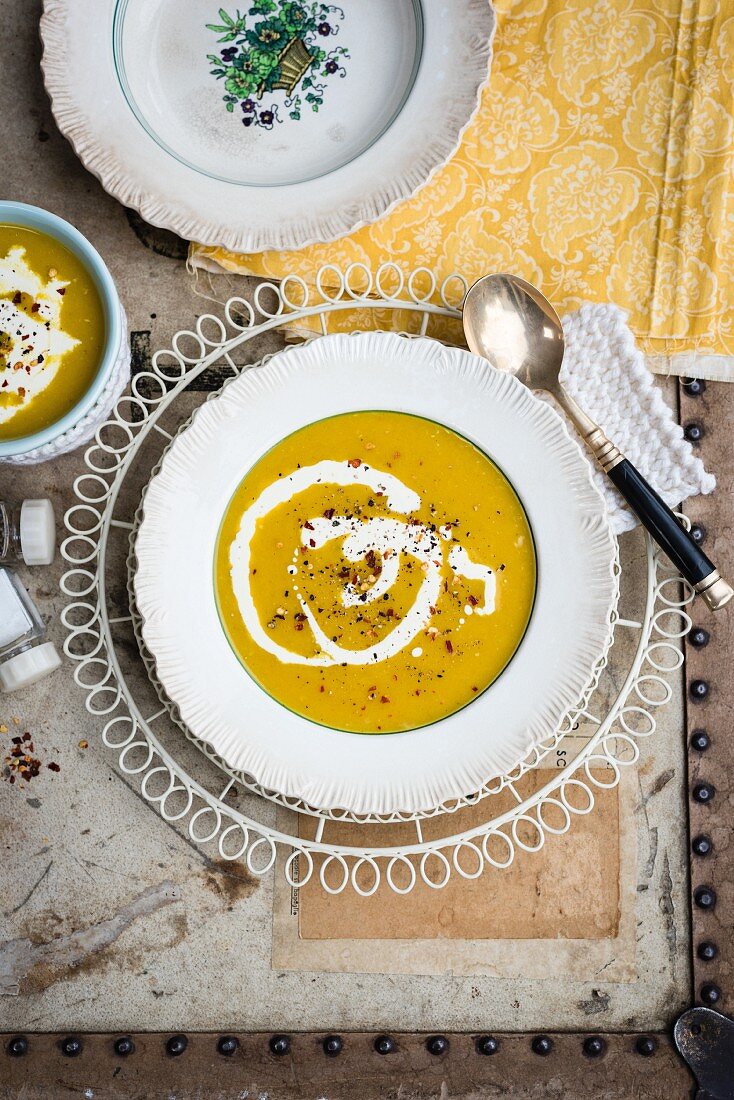 Red lentil soup with sour cream (seen from above)