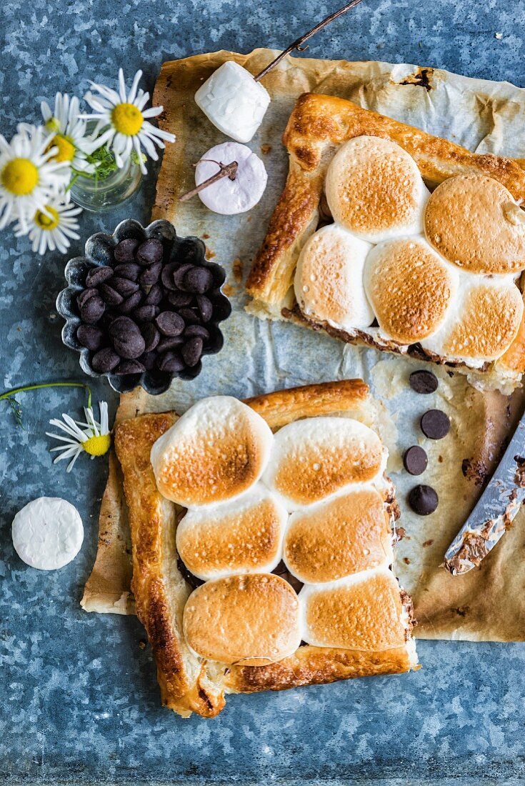 S’mores puff pastry tart with chocolate and marshmallows