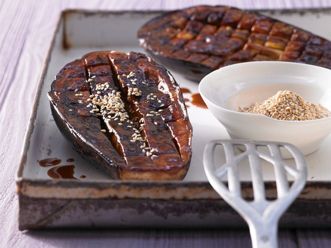 Grilled aubergines with miso sauce and sesame seeds