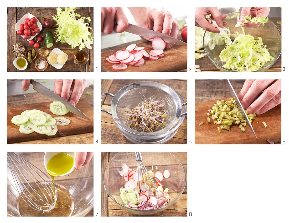 Radieschensalat mit Harzer Käse, Gurken und roten Zwiebeln zubereiten