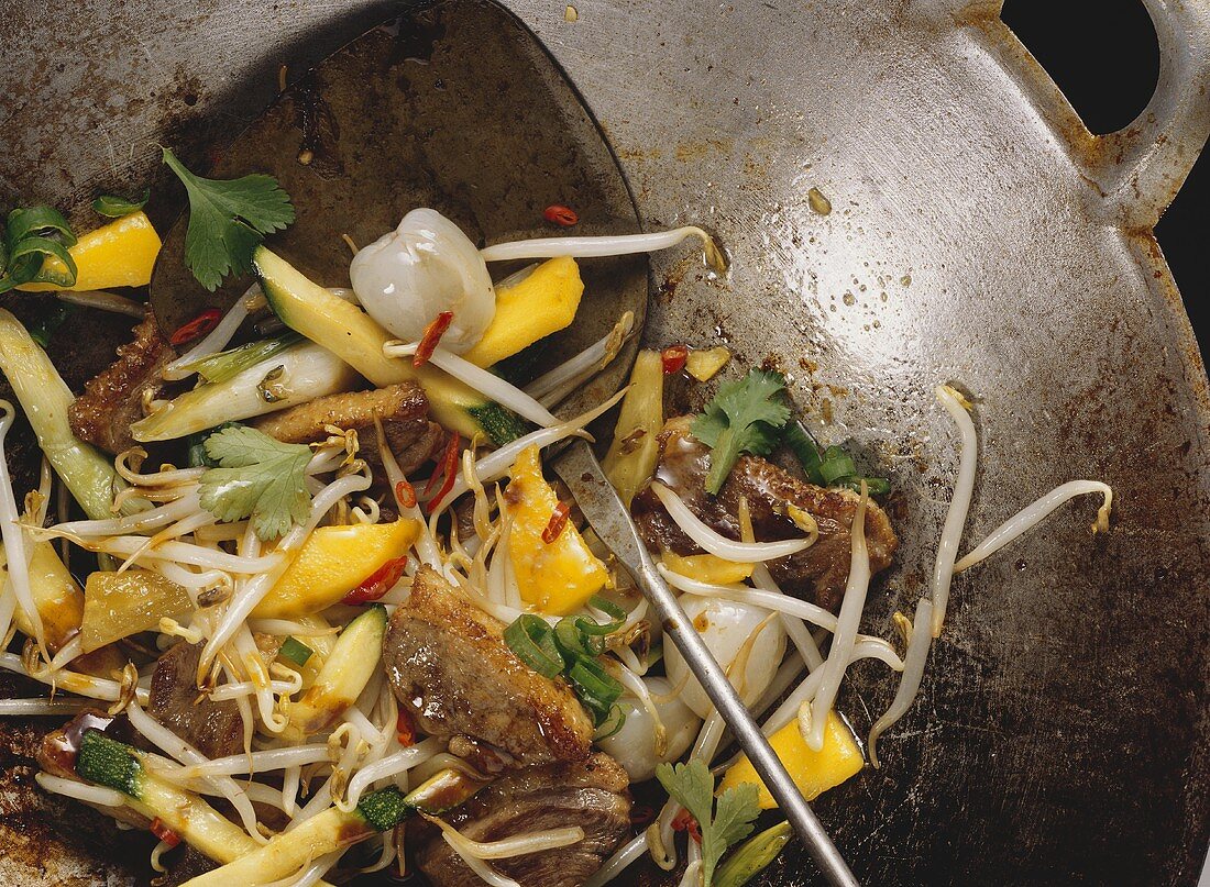 Duck Stir Fry with Fruit and Sprouts; In Wok