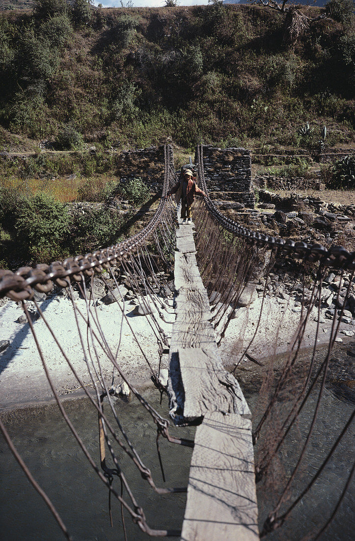 Sherpa Boy Crossing Bridge,Nepal