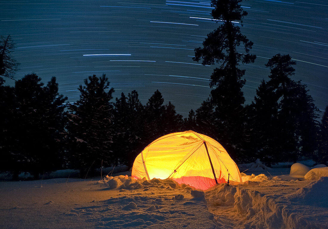 Tent in Snow with Star Trails