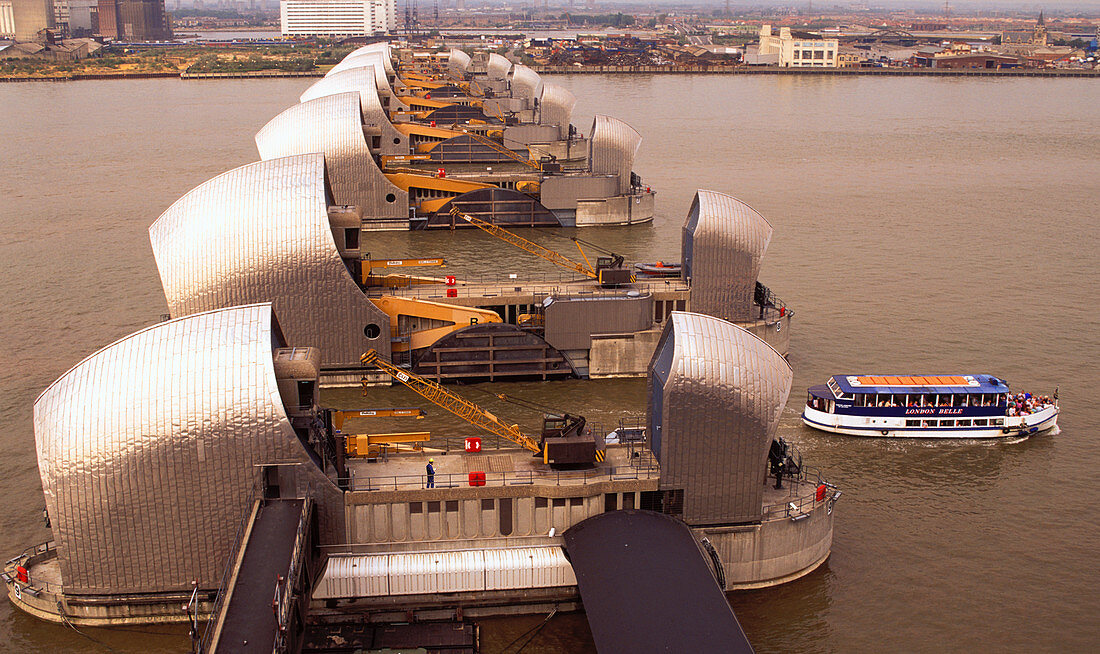 Thames Flood Barrier and boat,England