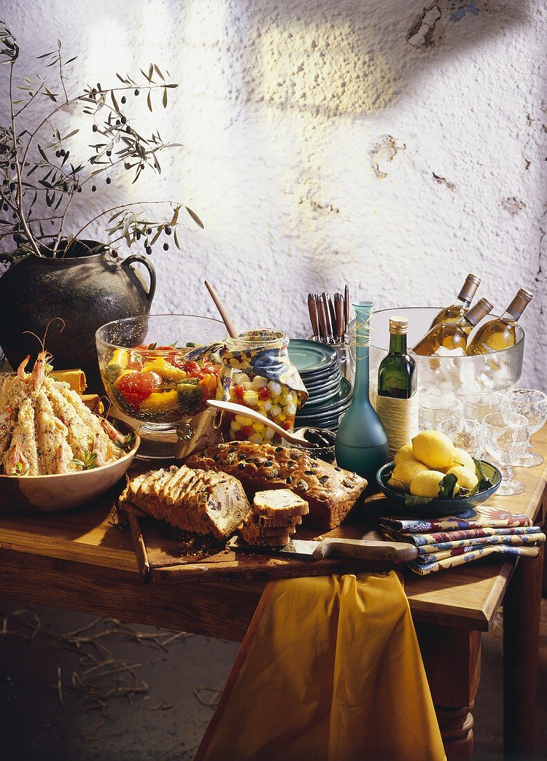 Mediterranean buffet: olive bread, couscous salad etc