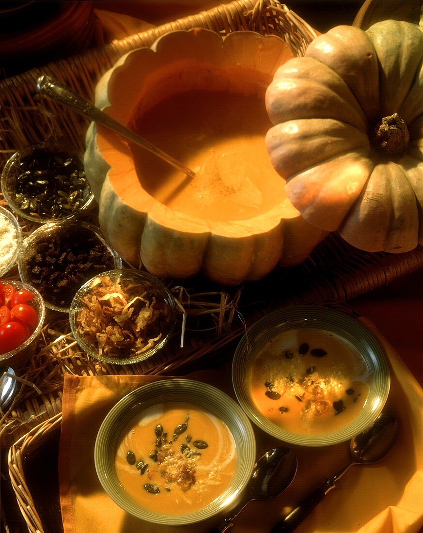 Pumpkin Cream Soup in Pumpkin and Bowls