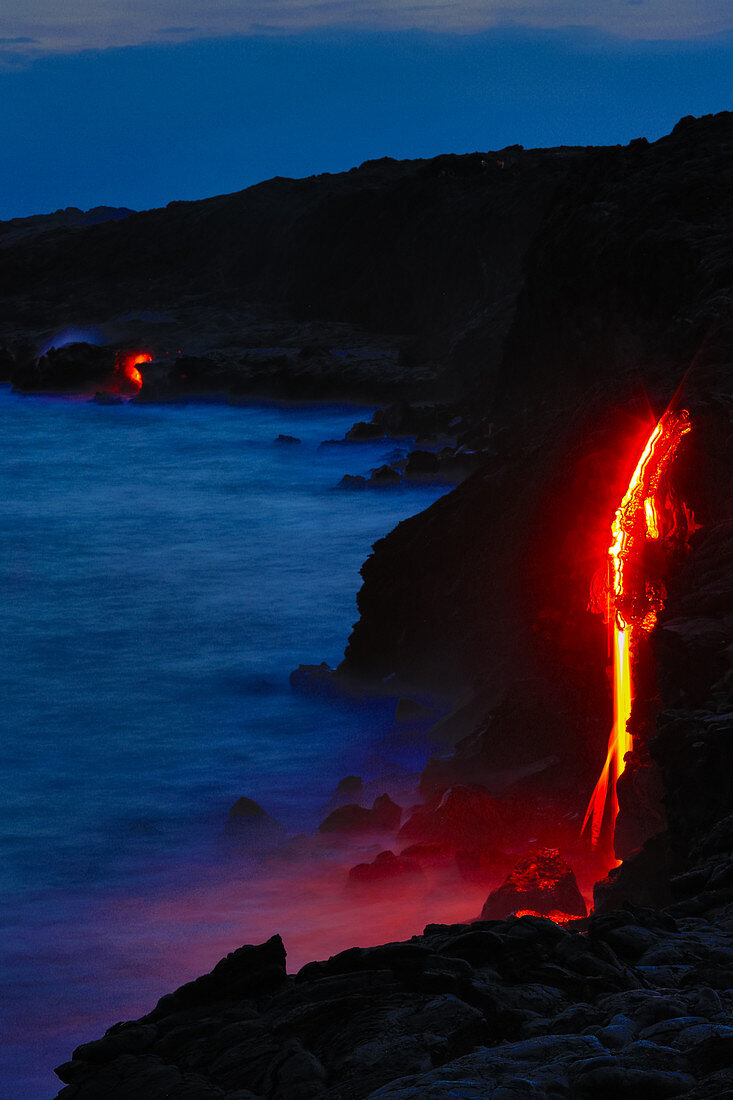 Lava Flowing into Ocean at Night,Hawaii
