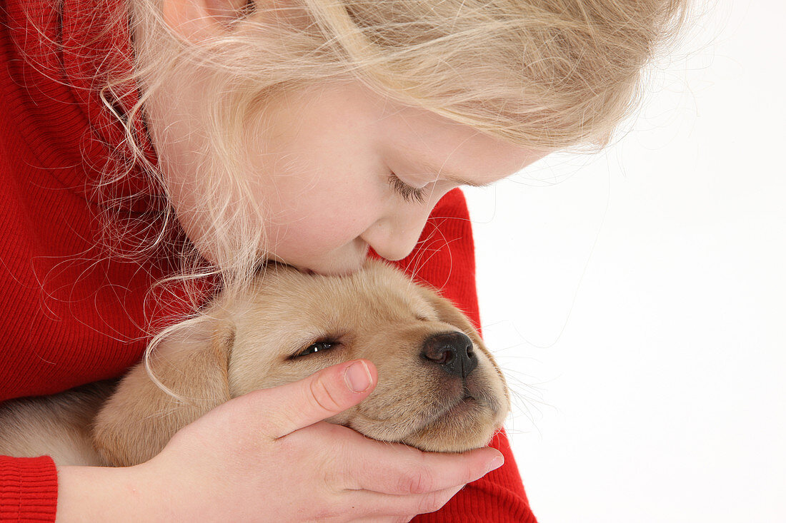 Young Girl with Yellow Labrador Puppy