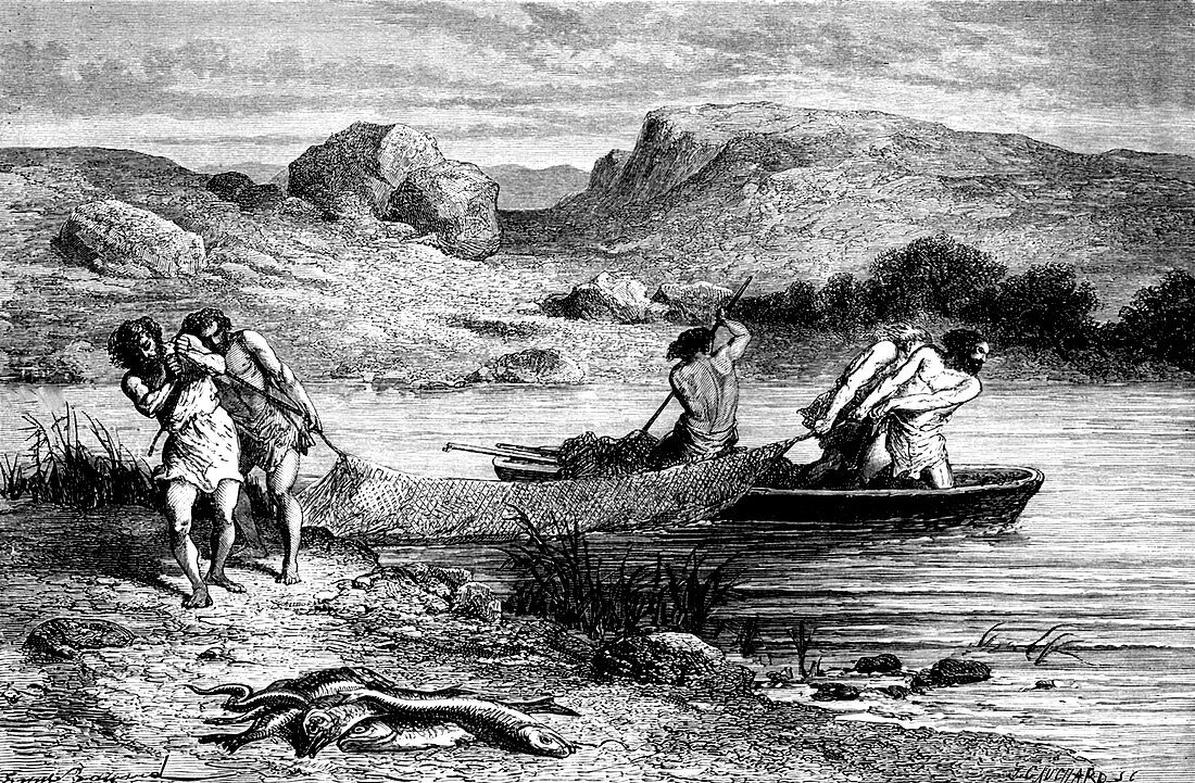 Prehistoric fishermen,19thC illustration