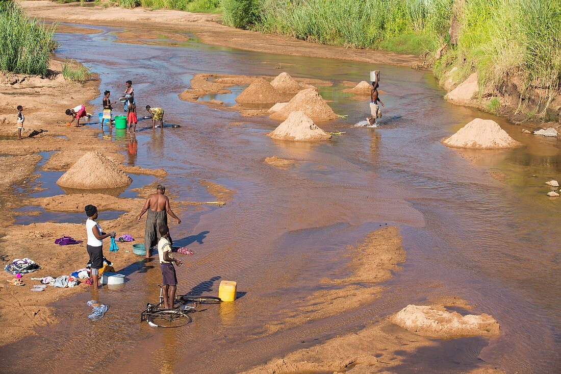 Workers extracting river sands