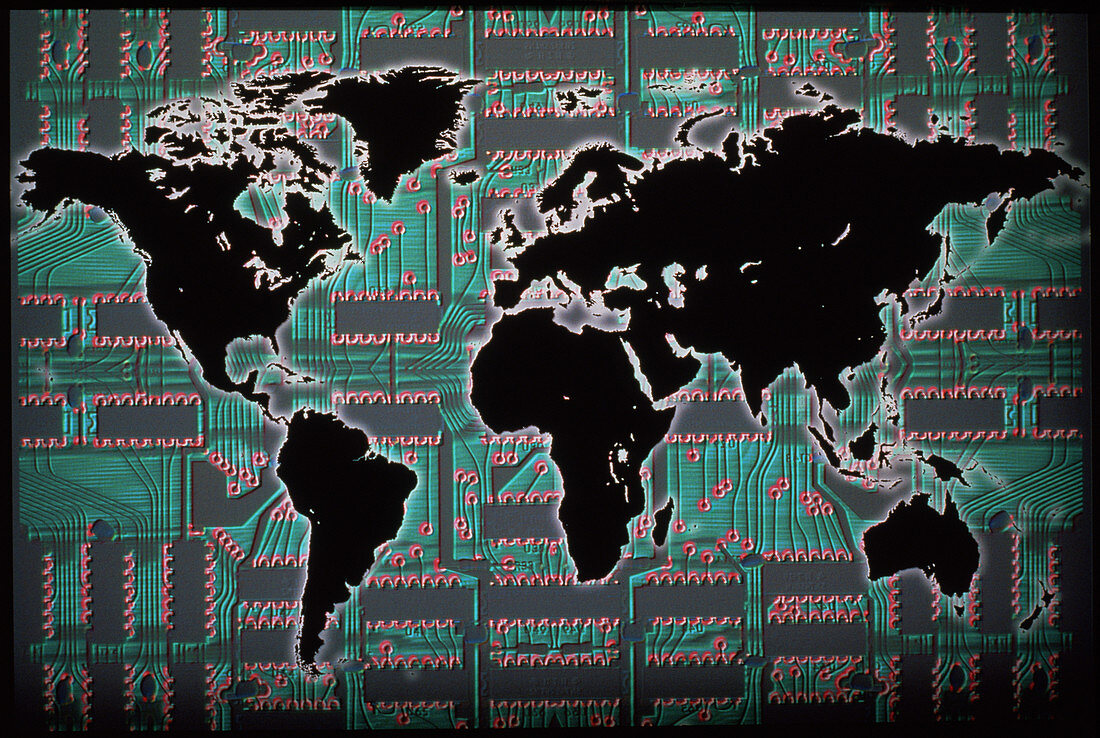 World map on circuit board