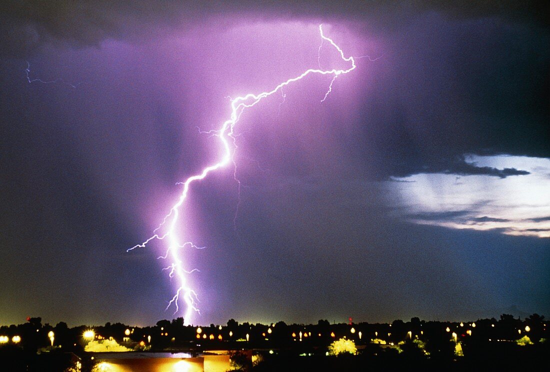 Night-time view of lightning strike over Tucson
