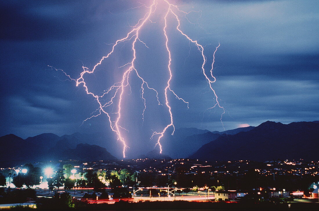 Lightning over town