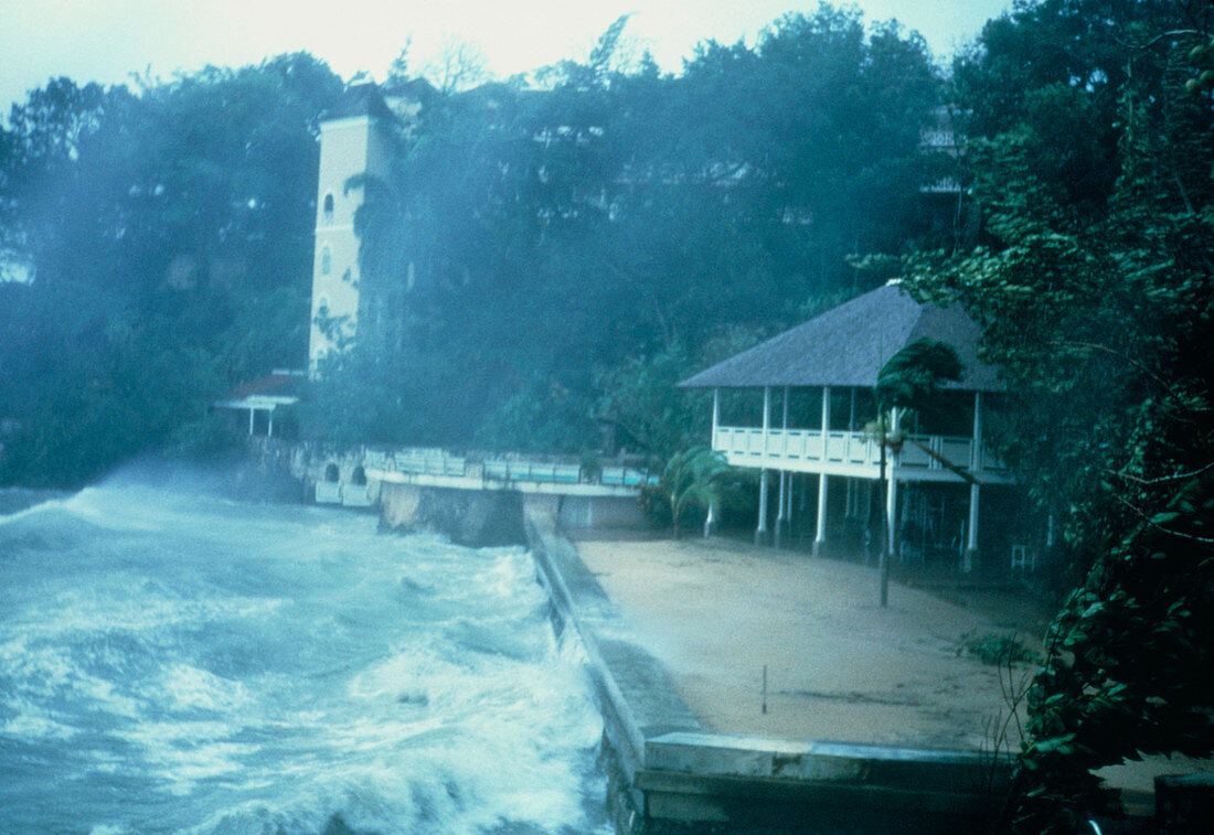Sea battering the coast during a hurricane,Jamaica