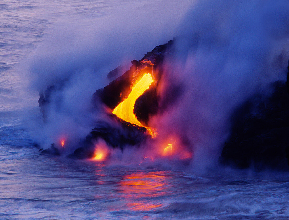 'Lava flowing into the ocean,Hawaii'