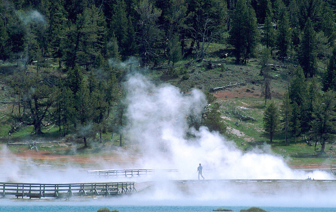 Steam rising from geothermal hot springs
