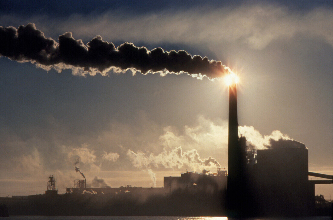 Smoke coming from chimney of paper mill