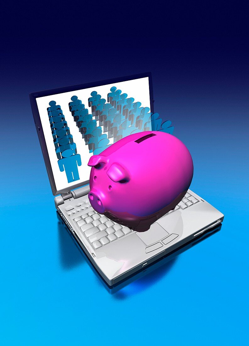 Pink piggy bank on laptop,illustration