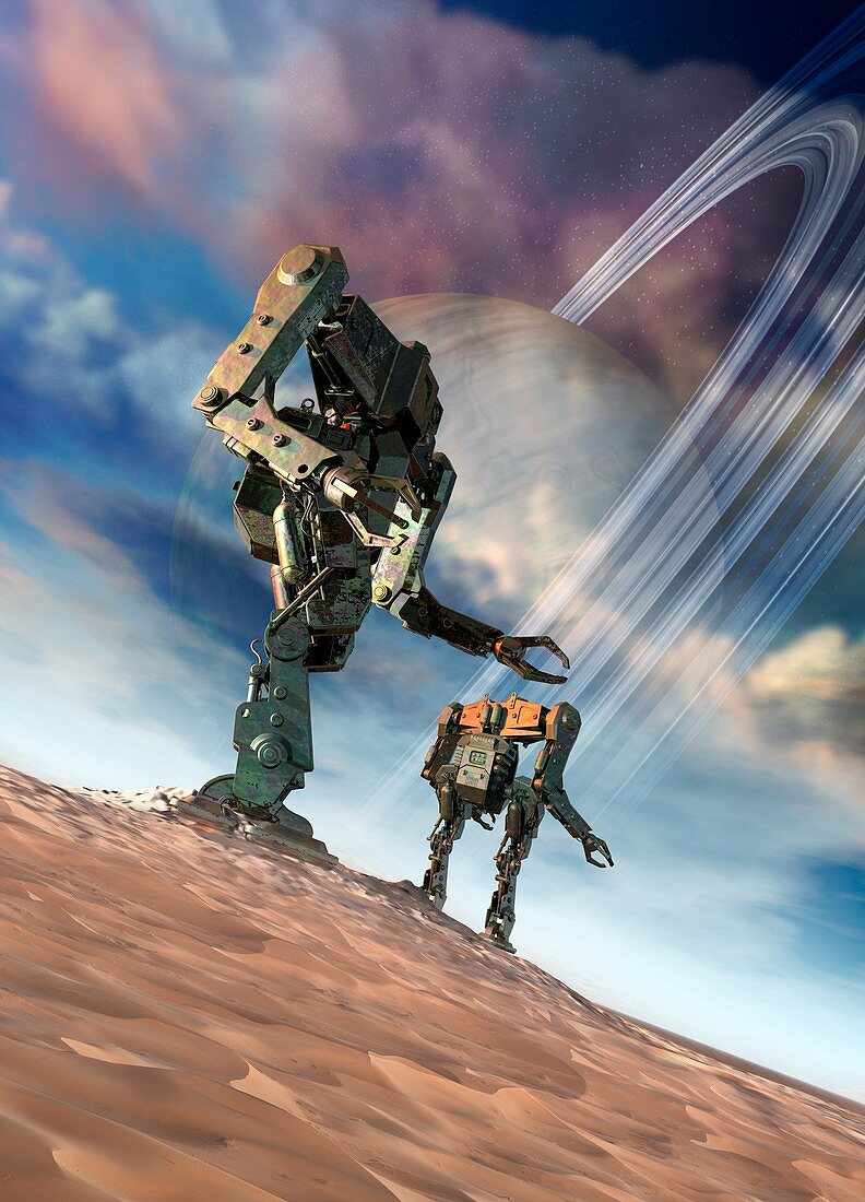 Robots on futuristic planet,illustration