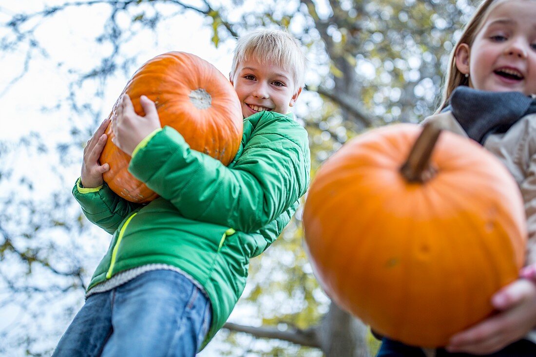 Children carrying pumpkins