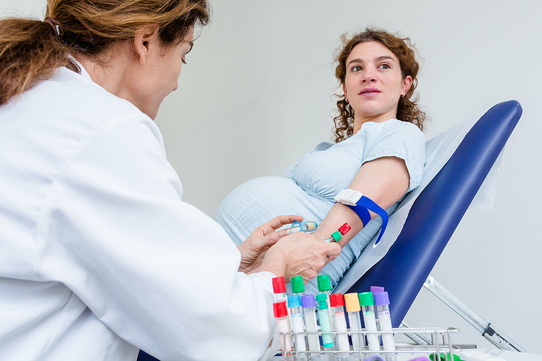 Doctor taking a blood sample from a pregnant woman