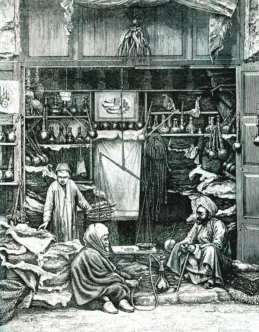 19th Century hookah smokers in Cairo, Egypt, illustration