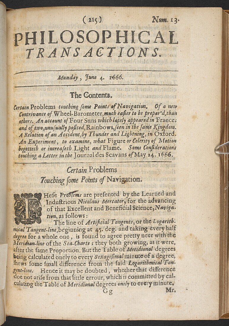 Contents page from Philosophical Transactions, 1666